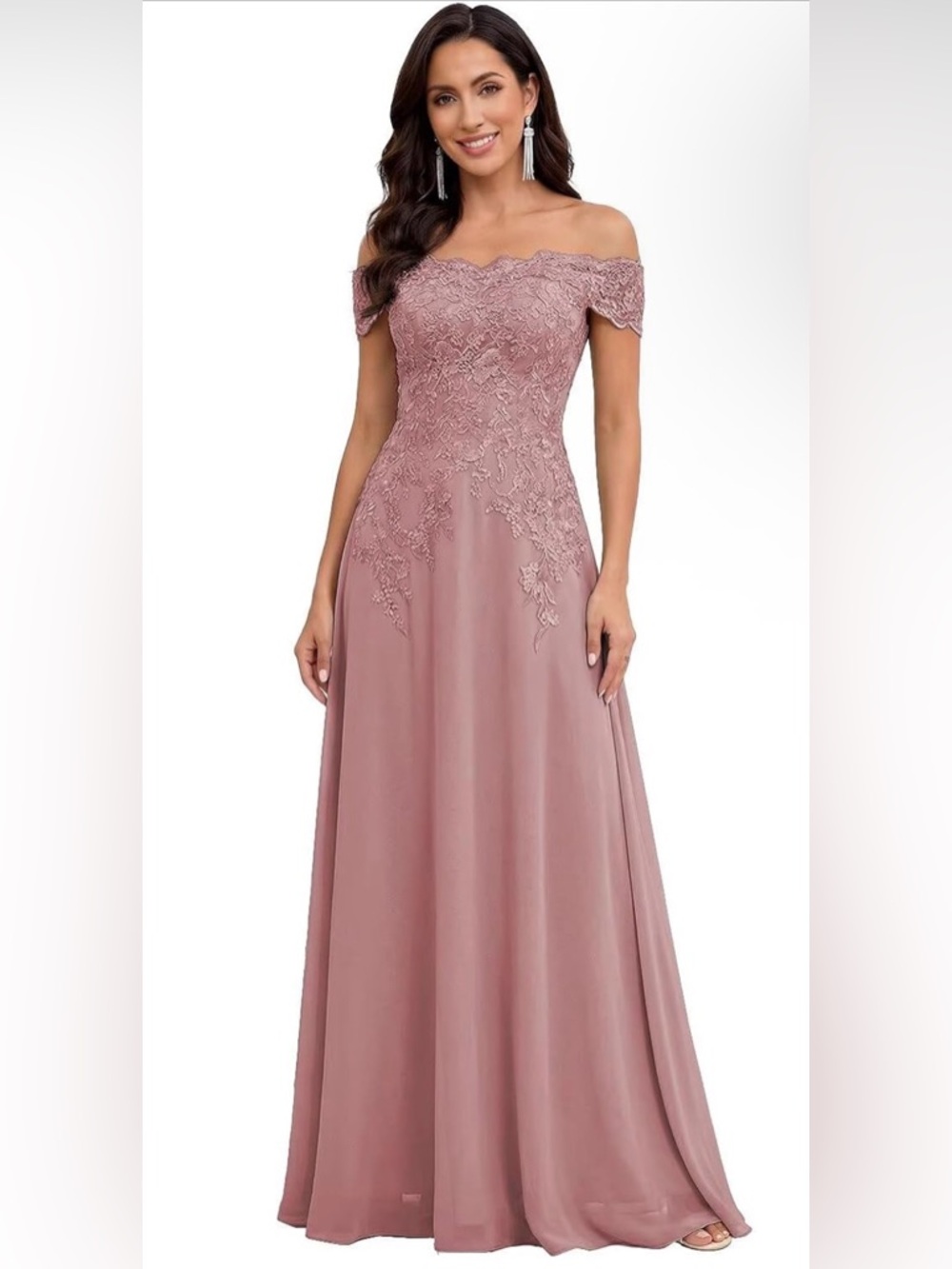Chiffon One-Shoulder Lace embellished Bodice Evening Gown in Dusty rose sz 16